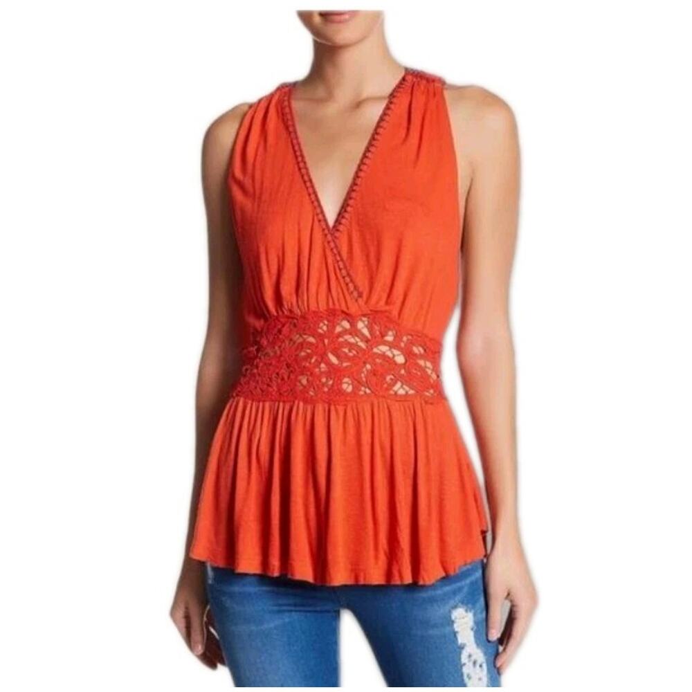 Free People OB591330 Megan Embroidered Crochet Red Peplum Size M Lyocell Boho